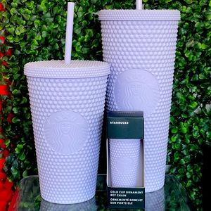 RARE 💜NWT SET Starbucks Matte Lilac Studded Venti & Grande Tumblers & Key Chain